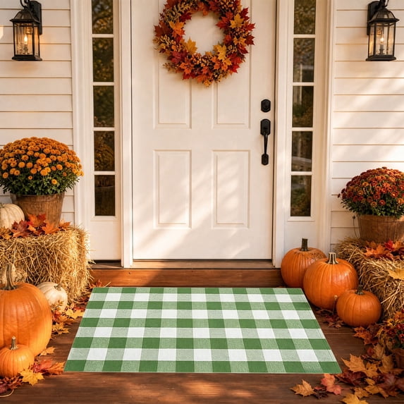Christmas Large Plaid Rug Doormat, 19.6x31.5 Inches Hand-woven Green White Plaid Rug Cotton Blend Washable Welcome Mat for Front Door Porch Home Farmhouse Indoor Outdoor Use