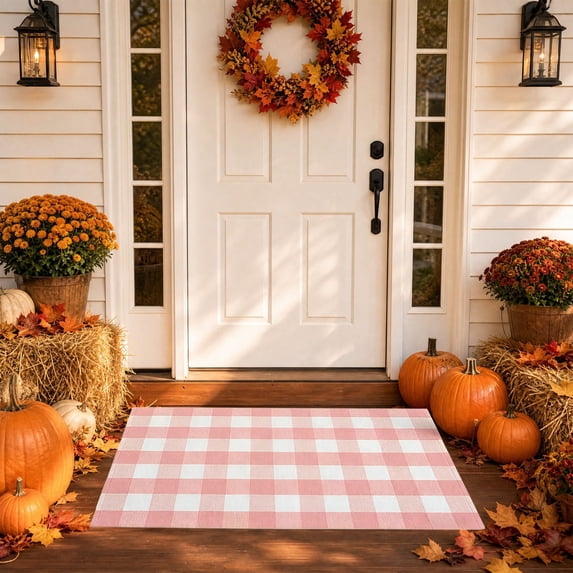 Christmas Large Plaid Rug Doormat, 19.6x31.5 Inches Hand-woven Pink White Plaid Rug Cotton Blend Washable Welcome Mat for Front Door Porch Home Farmhouse Indoor Outdoor Use