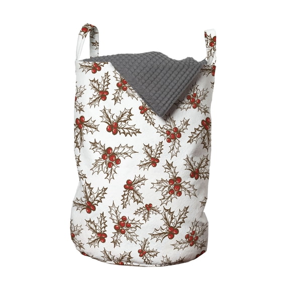 Christmas Laundry Bag, Winter Season Harvest Holly Berries Vintage Floral Composition Ornate Leaves, Basket with Handles Drawstring Closure for Laundromats, 13" x 19", Scarlet Brown, by Ambesonne