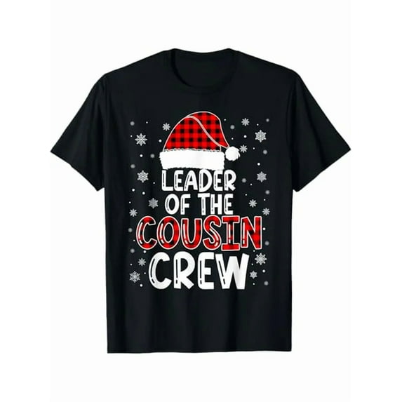 Christmas "Leader of the Cousin Crew" T-Shirt, 100% Cotton, Casual Style, Regular Fit, All-Season, Crew Neck, Stretch Fabric, Printed Design, Men'S Tee, Sizes S-XXXL, Black