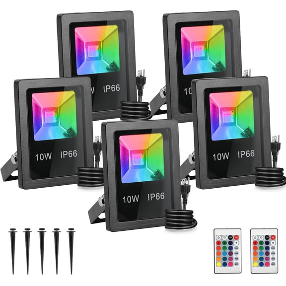 Christmas Led Mini Flood Light Outdoor, 10W RGB Color Changing Waterproof Security Lights, with US Plug, Remote Control Spotlight for Garden Backyard Garage Decorative Stage Landscape (5 Pack)