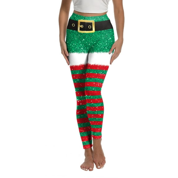 Christmas Leggings Women Sexy High Waist Belt Printed High Waist Skinny Tights Stretch Trousers Pants Xmas Cosplay Costumes (XG013-JC0003S,L)