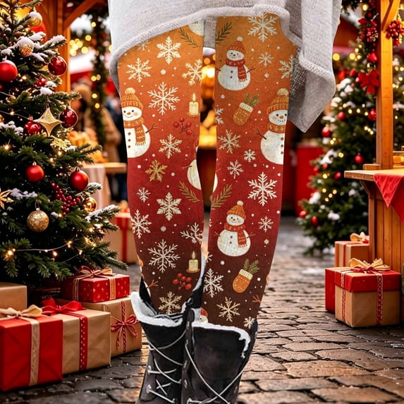 Christmas Leggings for Women Comfy High Waisted Snowflake Snowman Printed Tights Xmas Tummy Control Workout Gym Yoga Pants Vermilion,M