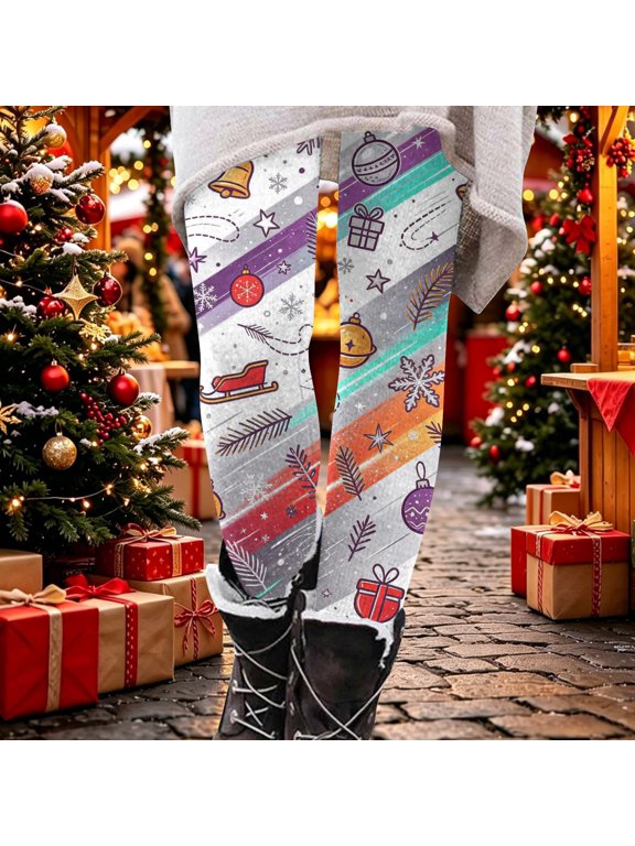 Christmas Leggings for Women Holiday High Waisted Christmas Graphic Yoga Pants Plus Size Tummy Control Workout Gym Tights Purple,L