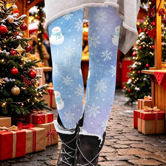 Christmas Leggings for Women Plus Size High Waisted Tummy Control Yoga Pants Soft Snowflake Snowman Graphic Workout Gym Tights Light Blue,L