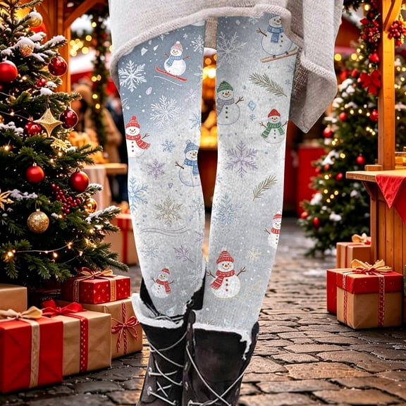 Christmas Leggings for Women Soft High Waisted Tummy Control Yoga Pants Comfy Snowflake Snowman Printed Gym Workout Tights Gray,L