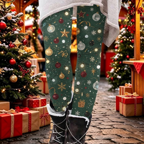 Christmas Leggings for Women Soft Tummy Control Snowflake Printed Tights Holiday High Waisted Gym Workout Yoga Pants Dark Green,S