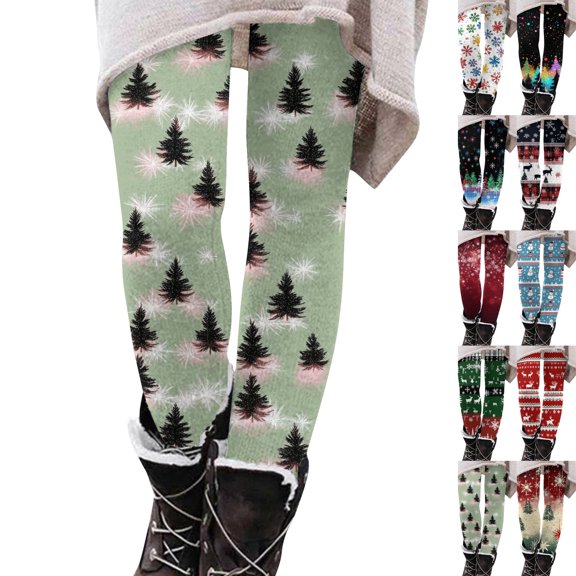 Christmas Leggings for Women Thermal Warm High Waisted Tummy Control Legging Workout Gym Yoga Pants Christmas Tights Light Green L