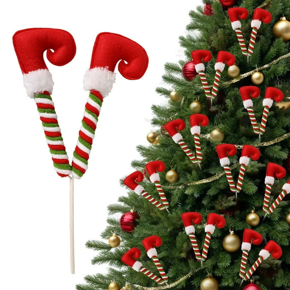 Christmas Legs Picks 1 Pair Feet Tree Ornaments Striped Plush Stuffed Leg Picks with Fixed Wire Feet Tree Topper for Christmas Holiday Decor/ Hook Boot Coil Spring Cutting A