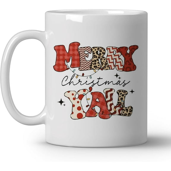 Christmas Leopard Print Coffee Mugs, Farmhouse Merry Christmas Yall Ceramic Coffee Mug, Christmas Holiday Drinking Party Mugs for Coffee Tea Hot Coco Lattes, 11oz Ceramic Cup White