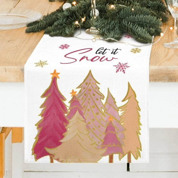 Christmas Let It Snow Snowflake Table Runner Pink Christmas Tree Table Runner Seasonal Winter Xmas Kitchen Decor for Indoor Outdoor Dining Living Room Wedding Kitchen Party 13 x 90 Inch