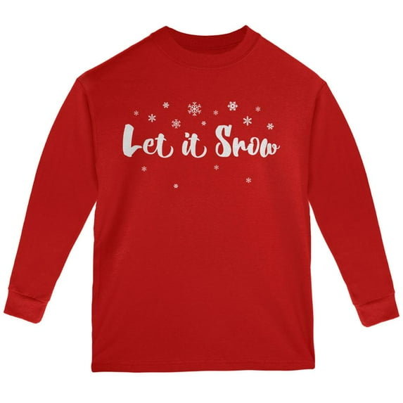 Christmas Let it Snow Script Snowflakes Youth Long Sleeve T Shirt Red YSM