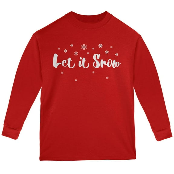 Christmas Let it Snow Script Snowflakes Youth Long Sleeve T Shirt Red YXL