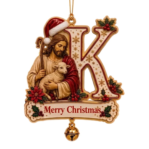 Christmas Letter K Ornament, Religious Alphabet Initial Hanging Decoration with Merry Christmas Message and Bell, Christmas Tree Decorations