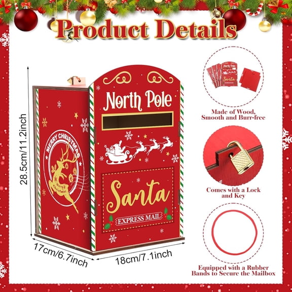 Christmas Letter Mailbox Wooden North Pole Delivery Mailbox for Santa Claus Red Santa Express Mail Wish Lists Collect Decorations for Xmas Holiday Outdoor Indoor Home Door Classroom