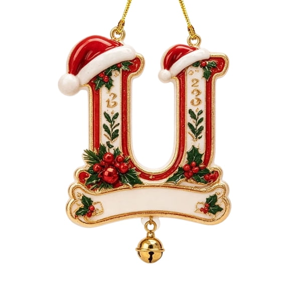 Christmas Letter Ornament,3.1" 2D Acrylic Alphabet Initial Hanging Ornament, Christmas Tree Decoration with Santa Hat and Bell (U)