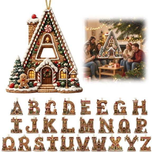 Christmas Letter Ornament, 3.15 x 1.97in Gingerbread House Initial Hanging Decoration, Acrylic A-Z Choice for Christmas Tree, Wreath, Stocking and Holiday Gift