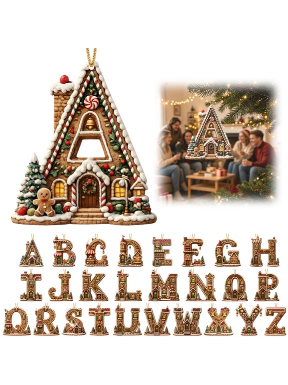 Christmas Letter Ornament, 3.15 x 1.97in Gingerbread House Initial Hanging Decoration, Acrylic A-Z Choice for Christmas Tree, Wreath, Stocking and Holiday Gift
