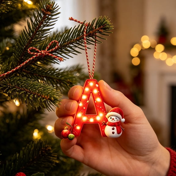 Christmas Letter Ornament, Red Alphabet Initial A Hanging Decoration with Snowman Christmas Tree Ornament for Family Name Display