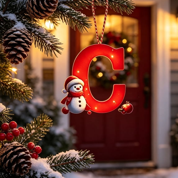 Christmas Letter Ornament, Red Alphabet Initial C Hanging Decoration with Snowman Christmas Tree Ornament for Family Name Display