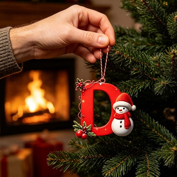 Christmas Letter Ornament, Red Alphabet Initial D Hanging Decoration with Snowman Christmas Tree Ornament for Family Name Display