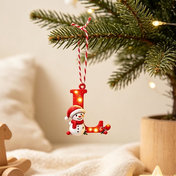 Christmas Letter Ornament, Red Alphabet Initial L Hanging Decoration with Snowman Christmas Tree Ornament for Family Name Display