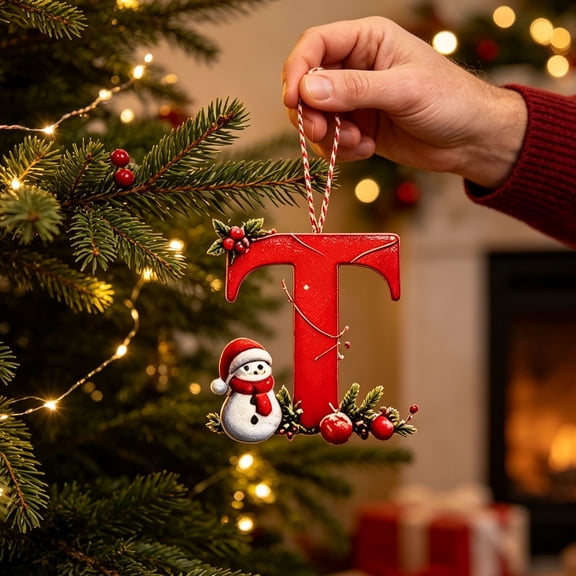Christmas Letter Ornament, Red Alphabet Initial T Hanging Decoration with Snowman Christmas Tree Ornament for Family Name Display
