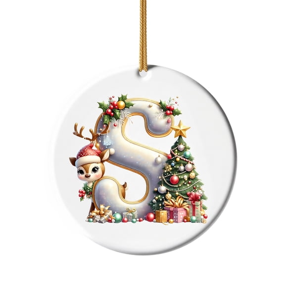 Christmas Letter S Ornament, Reindeer Initial Hanging Decoration, Round Ceramic Acrylic Ornament, Christmas Tree Decor, Gold Letter S with Reindeer and Holly, 3.15 Inch, Gold Cord, Christmas Gift