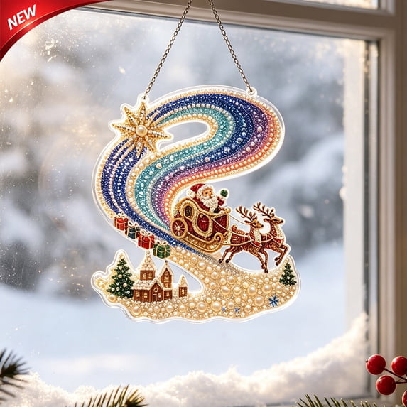 Christmas Letter S Pearl Diamond Art Suncatcher Kit for Adults, Santa Claus Reindeer 8 Inch Acrylic Window Hanging Ornament, DIY Xmas Holiday Craft Kit for Home Wall Door Festive Party Decor