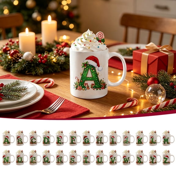 Christmas Letter W Initial Ceramic Coffee Mug, Coffee and Cocoa Mug for Home and Office with Handle, Holiday Drinkware for Breakfast Desserts and Evening Cocoa 11 OZ