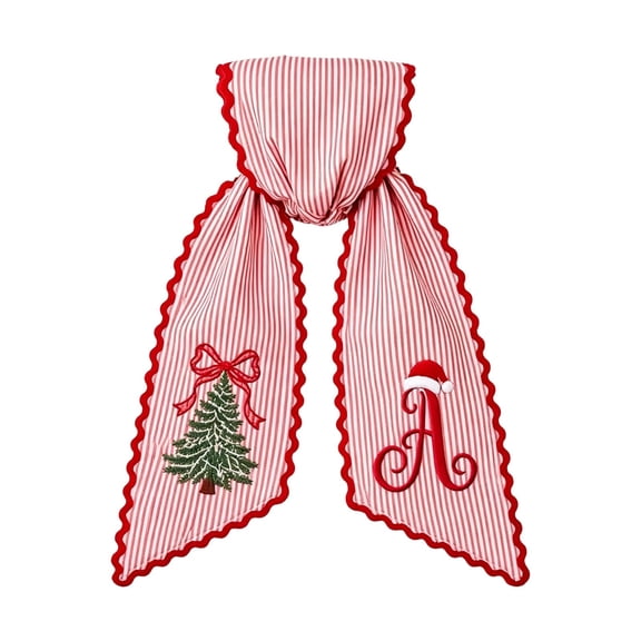 Christmas Letter Wreath Sash,Monogram Embroidered Wreath Sash,Holiday Red Lettering Striped Fabric Wavy Lace for Front Door Wreath Decoration(A)