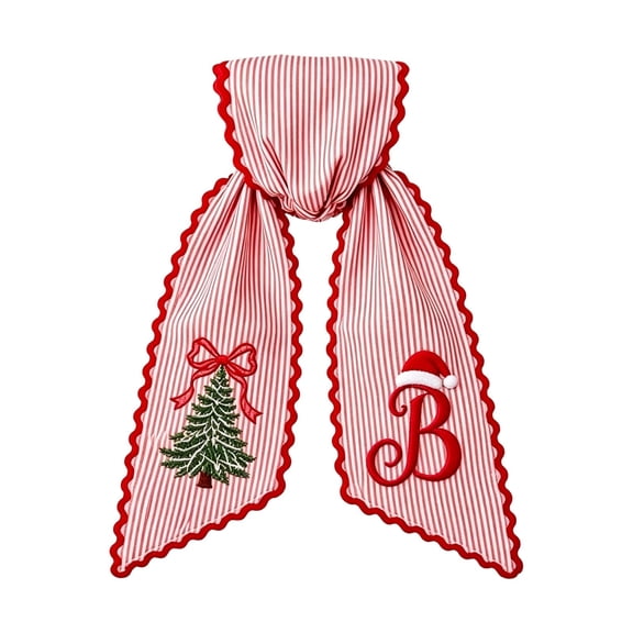 Christmas Letter Wreath Sash,Monogram Embroidered Wreath Sash,Holiday Red Lettering Striped Fabric Wavy Lace for Front Door Wreath Decoration(B)