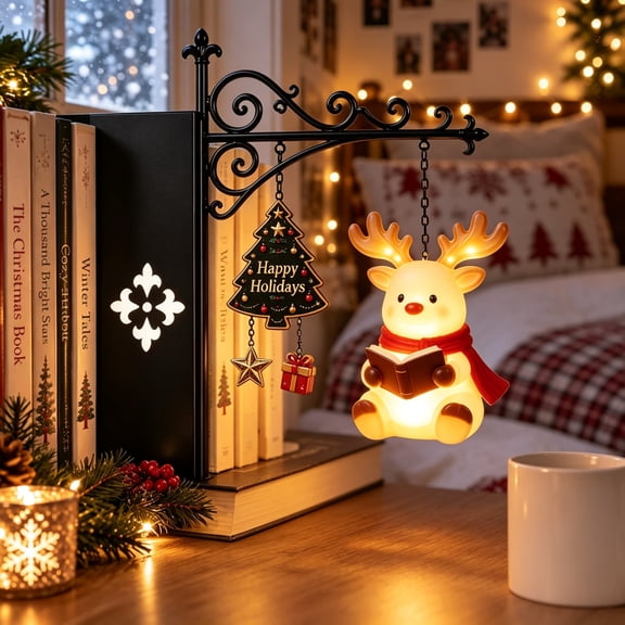 Christmas Library Lantern Decorative Bookshelf Lighting,Reading Figurine Shelf Lights for Study Reading Corner Home Library,Gift for Book Lovers and Christmas Decor Enthusiasts,Reindeer