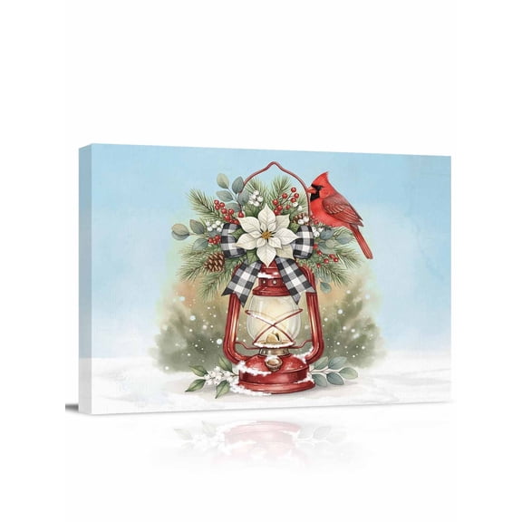 Christmas Light Canvas Print Wall Art Watercolor Xmas Poinsettia Cardinal Bird Berry Winter Snow Pictures Painting Morden Artwork for Living Room Bedroom, Ready to Hang - 12"x16"