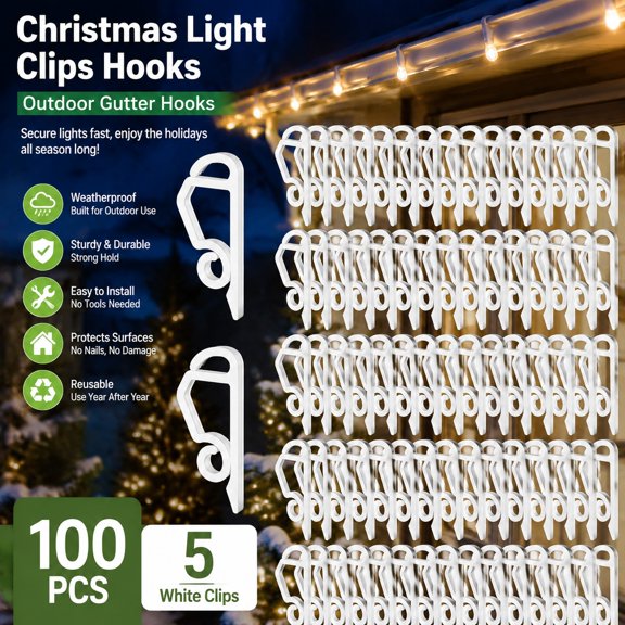 Christmas Light Clips, 100 Pack Weatherproof Outdoor Gutter Shingle Hooks, All-Purpose Plastic Hanging Clips for Holiday Lights Decoration - White