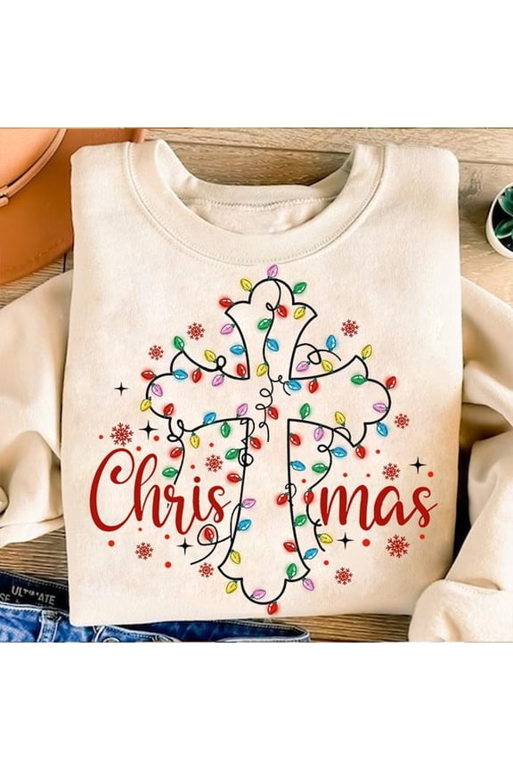 Christmas Light Cross Sweater, Christian Christmas Light Jesus Coquette Bow Holiday Sweatshirt