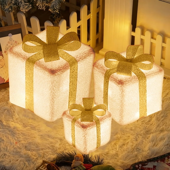 Christmas Light Gift Boxes Remote Control, Christmas Decorations Set Of 3 LED Light Up Present Boxes, Christmas Ornaments Lighted Boxes Gift for Indoor Outdoor Christmas Tree Decorations