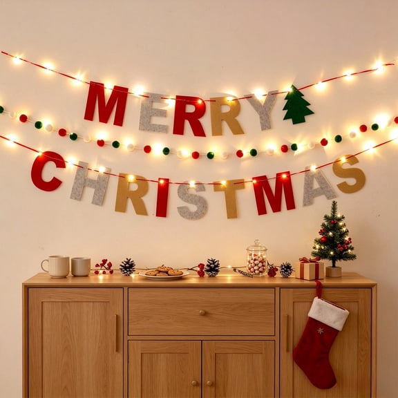 Christmas Light Up Letters Banner for Party Decorations,118" Non-woven Fabric Hanging Sign with String Lights with Cute Xmas Pattern, Flexible Reusable Decor for Outdoor Indoor Garden Home Holiday