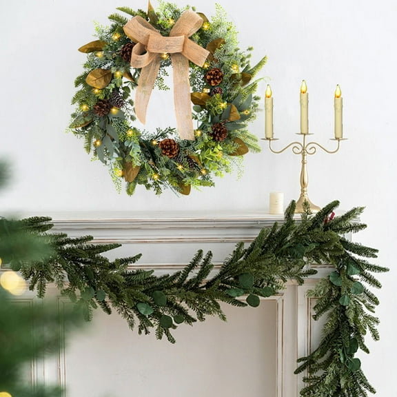 Christmas Light Up Linen Bow Wreath 45cm Artificial Pinecone Door Ornament Shop Window Battery Powered Plastic Grapevine Faux Branch Decorative Winter Holiday Indoor Outdoor