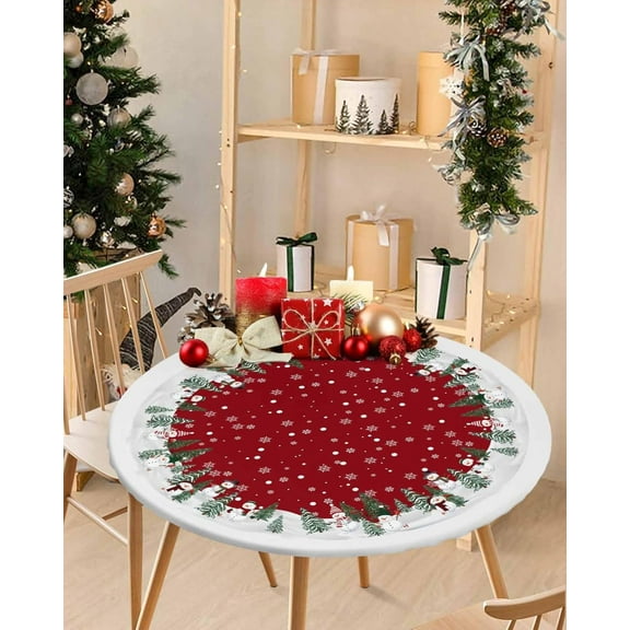 Christmas Light Round Fitted Tablecloth for Round Table,Xmas Red Floral Waterproof Table Cloth Table Cover with Elastic Edge,Winter Snowflake Red Circle Table Cover for Kitchen Indoor Outdoor 45-54in