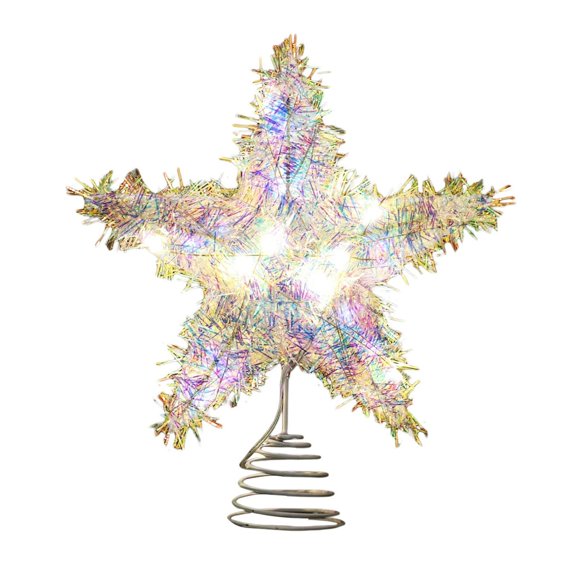 Christmas Light Up Star Tree Topper, Iridescent Tinsel Five Pointed Star Lamp with Metal Base, Shining Tree Top Decor for Christmas Tree, Living Room Holiday Party Decor, Batteries Not Included