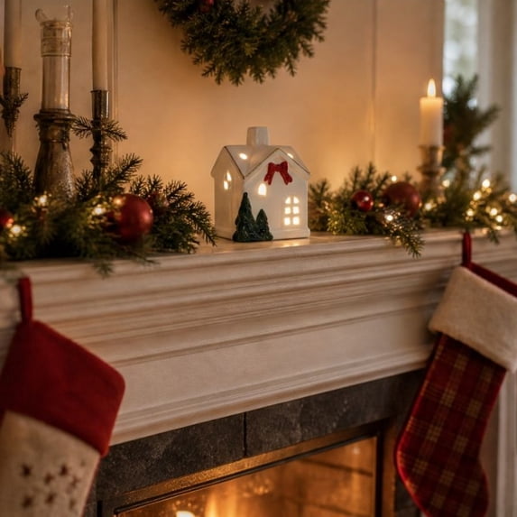 Christmas Light Up Ceramic Village,Led Lighted White Snow House Porcelain Ornament,Winter Christmas Glowing Decor for Mantel Tabletop