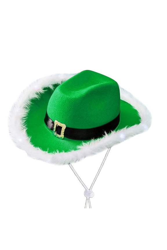 Christmas Light Up Cowboy Hat Western Brim Green Color LED Santa Hat Adjustable Flashing Fedora Costume Accessory