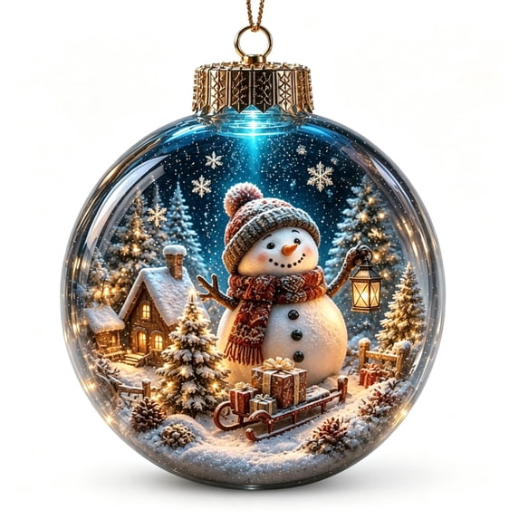 Christmas Light‑Up Hanging Globe Ornament, Clear Ball with Holiday Scene Detail & Warm LED Illumination, Festive Decor for Xmas Tree (Snowman, 3''x4'')