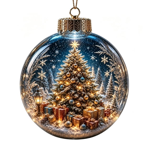 Christmas Light‑Up Hanging Globe Ornament, Clear Ball with Holiday Scene Detail & Warm LED Illumination, Festive Decor for Xmas Tree (Xmas Tree, 3''x4'')