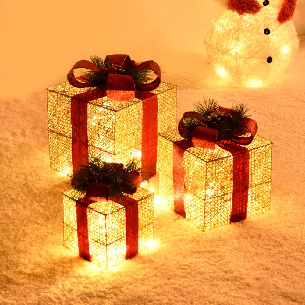 Christmas Light Up Present Boxes Warm Light Set of 3 25/20/15CM Battery