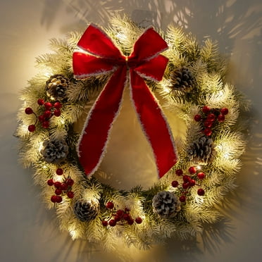 Christmas Light Up Wreath Pre-lit Artificial Wreath with Bowknot Pinecones Berries for Front Door Home Party Decor Christmas Collection