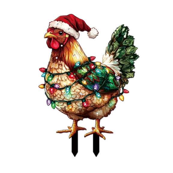 Christmas Light-UpOutdoor Decor, 2D Plastic Christmas Chicken Decorations with Red Christmas Hats Animal Garden Stakes for Holiday Atmosphere Rooster Lawn Rooster Decorations