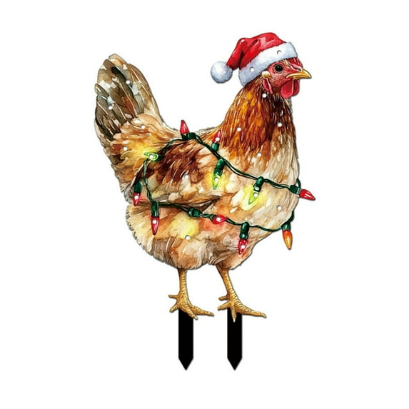 Christmas Light-UpOutdoor Decor, 2D Plastic Christmas Chicken Decorations with Red Christmas Hats Animal Garden Stakes for Holiday Atmosphere Rooster Lawn Rooster Decorations