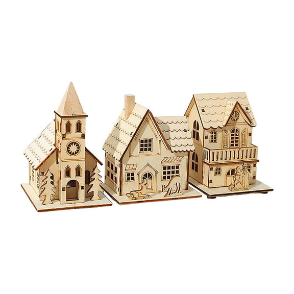 Christmas Light Up Wooden Houses - 3pcs Unfinished Wooden Village with LED Lights, Mini House Desktop Decor for Xmas Landscape, Centerpieces, and Anthropology Home Decor